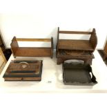 MIXED WOODEN ITEMS; SHELF UNITS, TRAY, ANTIQUE OAK CARVED PIECE