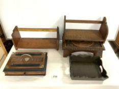 MIXED WOODEN ITEMS; SHELF UNITS, TRAY, ANTIQUE OAK CARVED PIECE