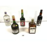 FIVE BOTTLES OF SPIRITS AND LIQUEUR - ST REMY NAPOLEON BRANDY, CHESTER DRY GIN, COINTREAU, CONQUEROR