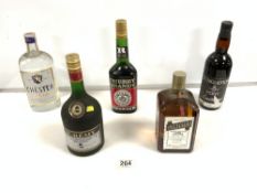 FIVE BOTTLES OF SPIRITS AND LIQUEUR - ST REMY NAPOLEON BRANDY, CHESTER DRY GIN, COINTREAU, CONQUEROR