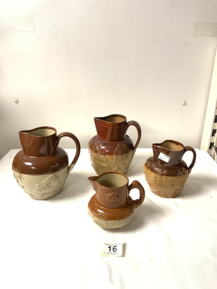 FOUR ANTIQUE STONEWARE HARVEST JUGS. 17CMS.