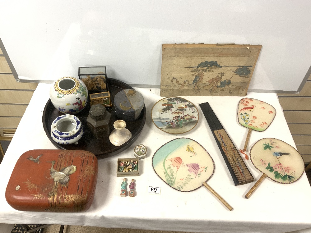 A CHINESE ANTIMONY METAL TEA CADDY, THREE DECORATED SILK FANS, RED AND GOLD LACQUER BOX ETC.