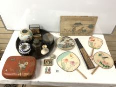 A CHINESE ANTIMONY METAL TEA CADDY, THREE DECORATED SILK FANS, RED AND GOLD LACQUER BOX ETC.