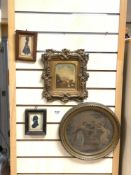 TWO SILHOUETTE MINIATURES WITH TWO ANTIQUE PICTURES IN ORNATE FRAMES