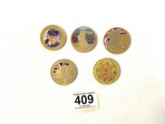 FIVE GOLD PLATED COMMEMORATIVE COINS