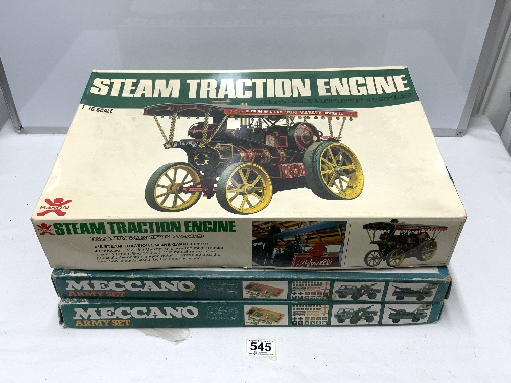 TWO MECCANO ARMY CONSTRUCTION SETS IN ORIGINAL BOXES, AND A BANDAI STEAM TRACTION ENGINE SET IN