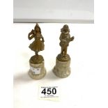 PAIR OF ART DECO GILT SPELTER FIGURES OF A PIERROT PLAYING A LUTE AND LADY WITH FAN, 11 CMS.