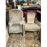 TWO ANTIQUE BUTTON BACK CHAIRS BOTH ON ORIGINAL CASTORS