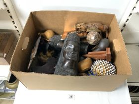 A QUANTITY OF CARVED WOODEN TRIBAL FIGURES ETC.