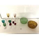 GREEN WINE GLASS WITH ETCHED GRAPE DECORATION, TWO CHAMPAGNE FLUTES, COLOURED GLASSES AND AMBER
