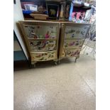 A PAIR OF GOLD AND BUTTERFLY DECORATED THREE DRAWER BOW FRONT BED SIDE CHESTS, 47X3673.