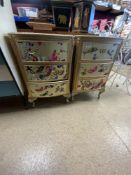 A PAIR OF GOLD AND BUTTERFLY DECORATED THREE DRAWER BOW FRONT BED SIDE CHESTS, 47X3673.