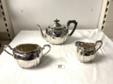 WALKER AND HALL THREE-PIECE SILVER-PLATED TEA SET.