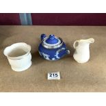 WEDGWOOD SILVER MOUNTED JASPERWARE TEAPOT WITH A BELLEEK CREAM JUG AND SUGAR BOWL