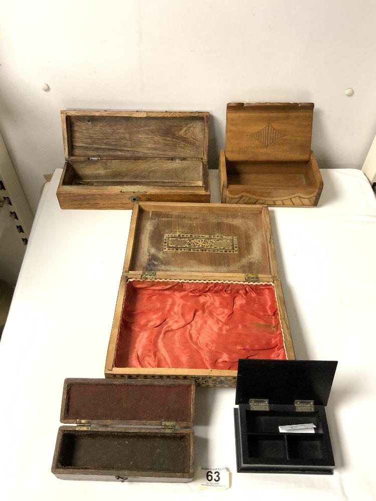 A PARQUETRY INLAID BOX, SMALL EBONY TRINKET BOX, AND THREE OTHER BOXES. - Image 3 of 3