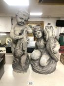 TWO RECONSTITUTED STONE CHERUB AND FISH GARDEN FOUNTAINS; TALLEST 45 CMS