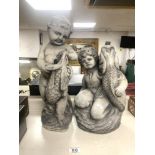 TWO RECONSTITUTED STONE CHERUB AND FISH GARDEN FOUNTAINS; TALLEST 45 CMS