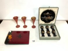 ORIENTAL LACQUERED COCKTAIL SET [CASED], THREE LACQUERED GOBLETS AND LACQUER PHOTO ALBUM.