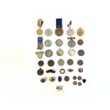 A SILVER GILT MASONIC MEDALION, MIXED COINS AND BADGES AND MEDALIONS.