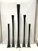FIVE, BLACK WITH WHITE INNERS, GLASS VASES LARGEST 100 CM