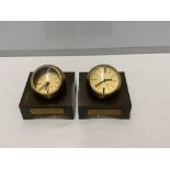 1970'S TWO 8 DAY GILT SPHERE SWIZA CLOCKS ON SMOKED ACRYLIC GLASS BASES