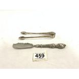 A PAIR OF GE0RGIAN HALLMARKED SILVER BRIGHT CUT SUGAR TONGS AND A VICTORIAN HALLMARKED SILVER BUTTER