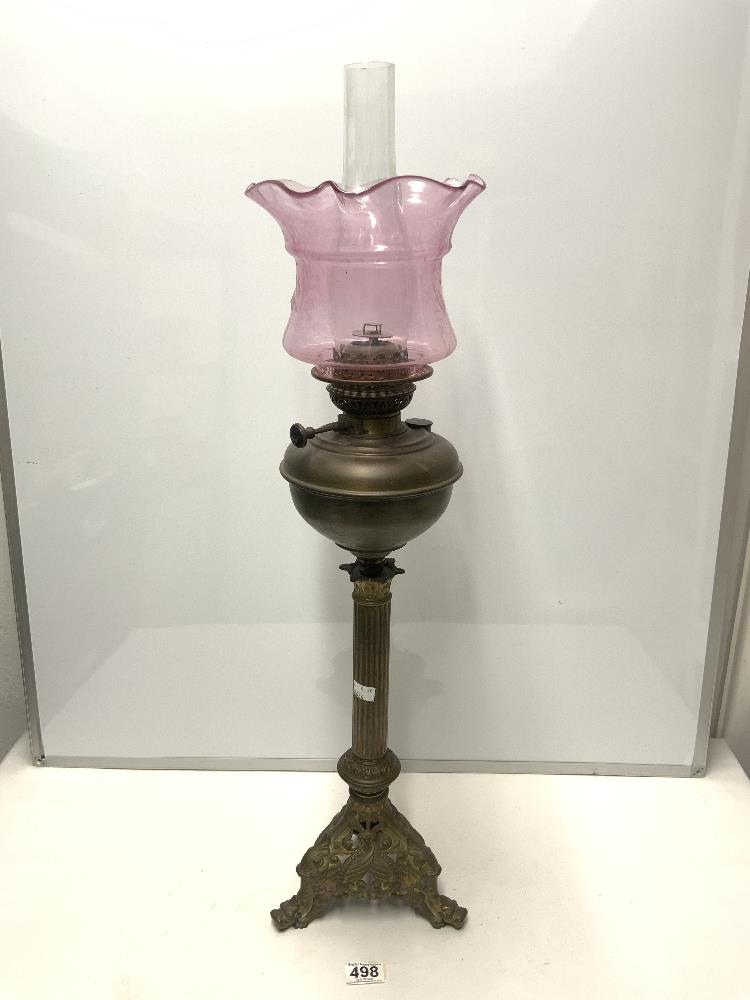 VINTAGE COLUMN SHAPED OIL LAMP MADE FROM BRASS WITH PINK SHADE