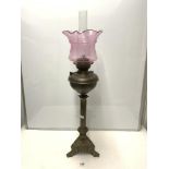 VINTAGE COLUMN SHAPED OIL LAMP MADE FROM BRASS WITH PINK SHADE