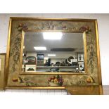 LARGE MODERN FRAMED MIRROR BEVELLED EDGED AND PAINTED FRUIT ON FRAME WITH A GILDED BORDER 135 X