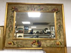 LARGE MODERN FRAMED MIRROR BEVELLED EDGED AND PAINTED FRUIT ON FRAME WITH A GILDED BORDER 135 X