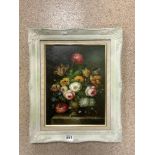 STILL LIFE, OIL ON BOARD, OF A VASE OF FLOWERS, SIGNED M TOM IN PAINTED FRAME, 29 X 39.