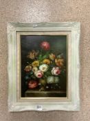 STILL LIFE, OIL ON BOARD, OF A VASE OF FLOWERS, SIGNED M TOM IN PAINTED FRAME, 29 X 39.