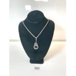 A 925 SILVER AND MARCASITE FRAMED MAGNIFYING GLASS ON SILVER ROPE TWIST CHAIN