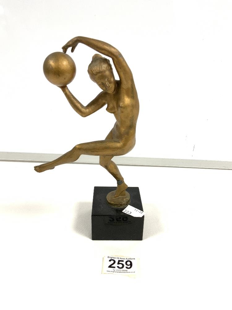 ART DECO GILT SPELTER FIGURE OF NUDE BALL GIRL, SIGNED BRIAND; [MARCEL BOURAINE BRIAND] 20 CMS [AF]