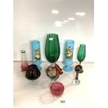 MIXED VINTAGE GLASSWARE INCLUDES CRANBERRY AND BLUE PAINTED GLASS VASES 30CM