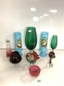 MIXED VINTAGE GLASSWARE INCLUDES CRANBERRY AND BLUE PAINTED GLASS VASES 30CM