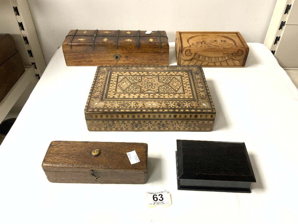 A PARQUETRY INLAID BOX, SMALL EBONY TRINKET BOX, AND THREE OTHER BOXES.