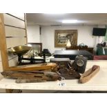 THREE VINTAGE WOOD LOOM SPINNERS, INSTRUMENT IN BOX, SET IRON AND BRASS KITCHEN SCALES ETC.