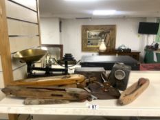 THREE VINTAGE WOOD LOOM SPINNERS, INSTRUMENT IN BOX, SET IRON AND BRASS KITCHEN SCALES ETC.