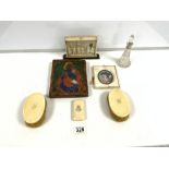 FRAMED PORTRAIT MINATURE PAINTED ICON; NECESSAIRE AND MORE