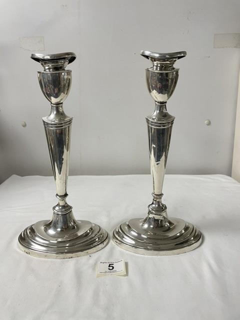 A PAIR OF ANTIQUE OVAL WHITE METAL CANDLESTICKS, 30CMS. - Image 3 of 4