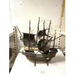 TWO VINTAGE PAINTED WOODEN DISPLAY GALLEONS, 74 X 58 LARGEST.