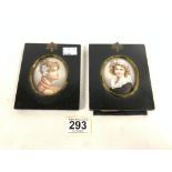 A PAIR OF VICTORIAN HAND PAINTED ON PORCELAIN PORTRAIT MINATURES OF YOUNG LADIES; FRAMED.