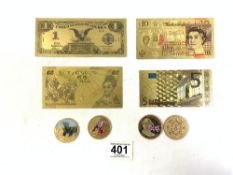 FOUR GOLD PLATED CELEBRATION COINS AND FOUR GOLD COLOURED BANK NOTES