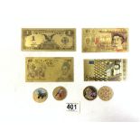 FOUR GOLD PLATED CELEBRATION COINS AND FOUR GOLD COLOURED BANK NOTES