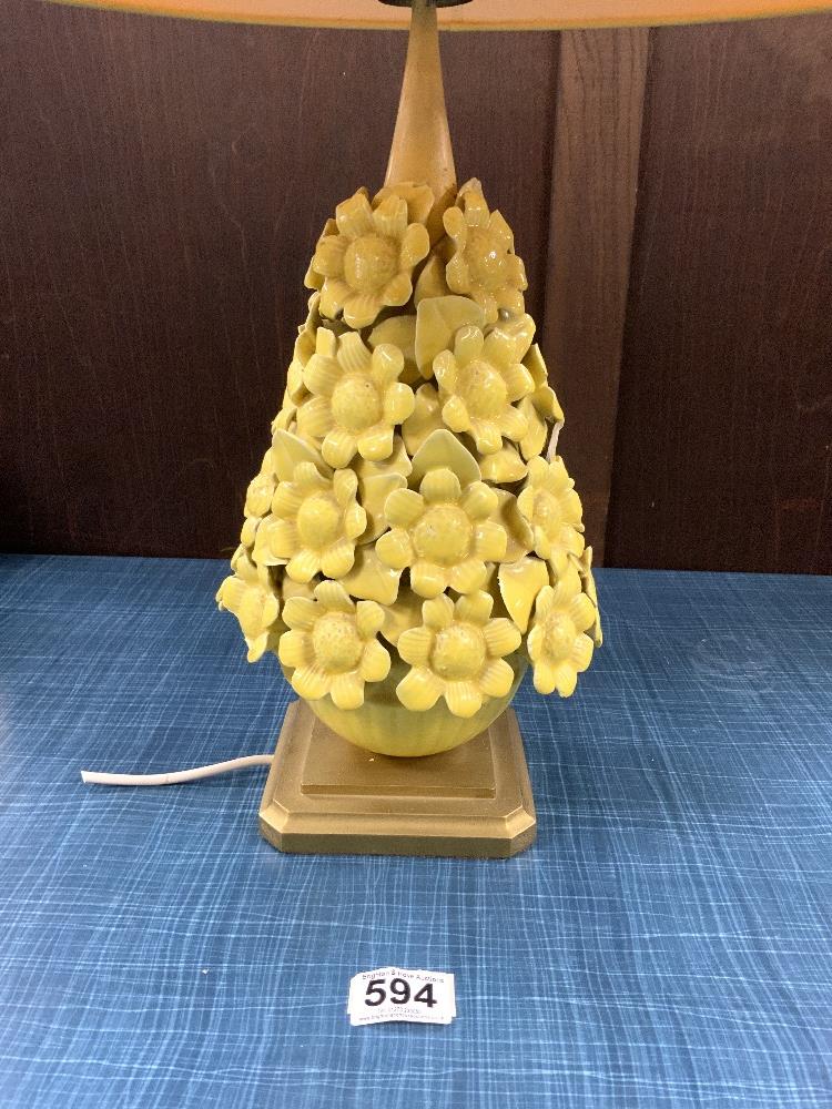A YELLOW CERAMIC FLORAL ENCRUSTED TABLE LAMP, [A/F], 30 CMS. - Image 2 of 3