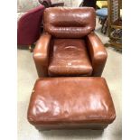 QUALITY LARGE BROWN LEATHER ARMCHAIR WITH MATCHING STOOL