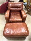 QUALITY LARGE BROWN LEATHER ARMCHAIR WITH MATCHING STOOL