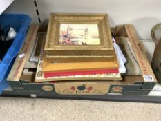 MIXED BOX OF ITEMS; INCLUDES BUFFALO BILL PROGRAMMES, JOHN WAYNE POSTER, FRAMED PICTURES AND MORE