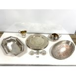 TWO HALLMARKED SILVER RIM SALTS AND POT, OVAL SILVER PLATED DRINKS TRAY, AND OTHER PLATED ITEMS.